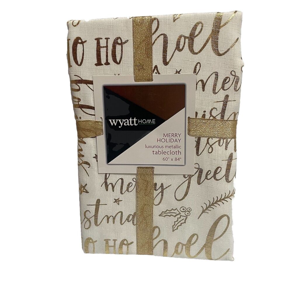 Christmas Tablecloth 60 x 84 White and Gold Metallic Christmas Greetings Print
